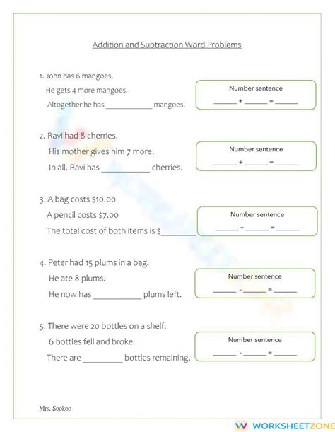 Adding and Subtracting Word Problem Worksheet に対する画像結果