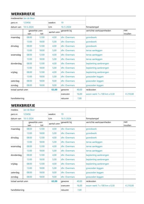 Image result for Werkbon Voorbeeld Excel