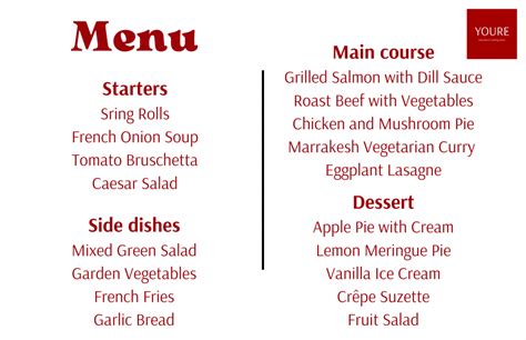 Image result for Example of Main Course in a Menu