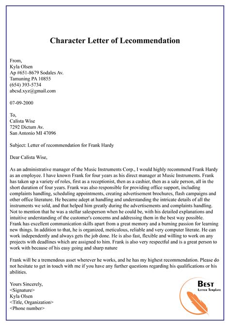 Image result for Character Reference Letter Template