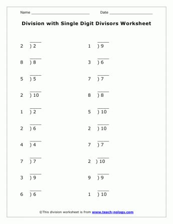 Image result for Division 1 Digit Table Worksheet