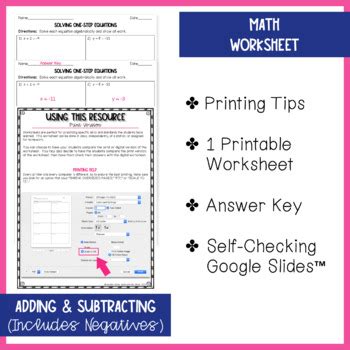 Image result for Solving One Step Equations Worksheet Adding Subtraction Print Outs PDF