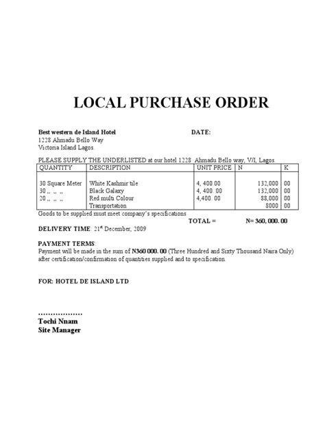Image result for Local Purchase Order Format PDEA