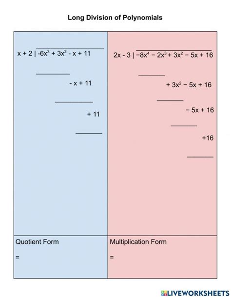 Image result for Polynomial Division Worksheet PDF