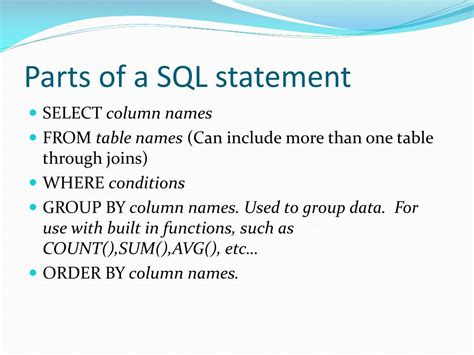 Image result for Parts of a SQL Statement