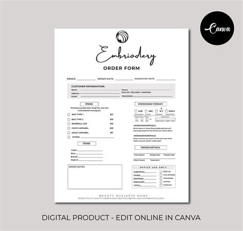 Embroidery Work Order Form Template に対する画像結果