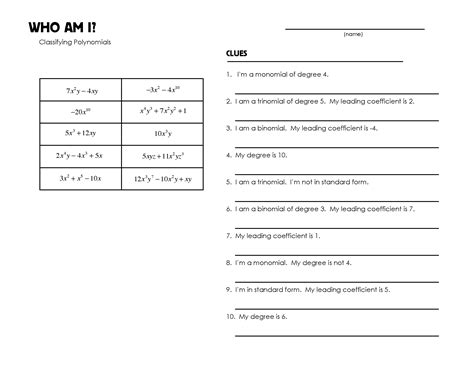 Image result for Classifying Polynomials Worksheet