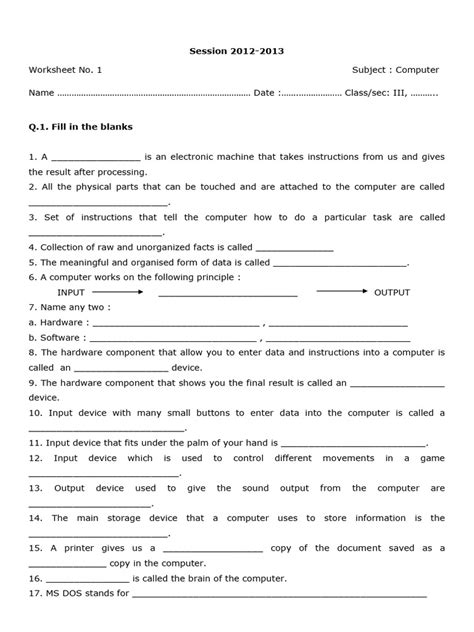 Class 3 Computer Worksheet Chap a Computer System Icsc Board に対する画像結果