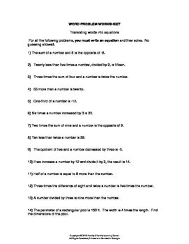 Toradh íomhá ar Turn Word Problems into Equations Worksheet PDF