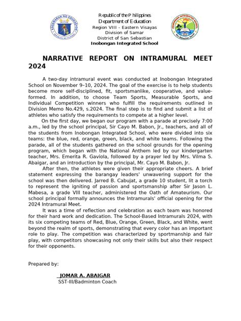 Image result for Narrative Report About Intramural Example