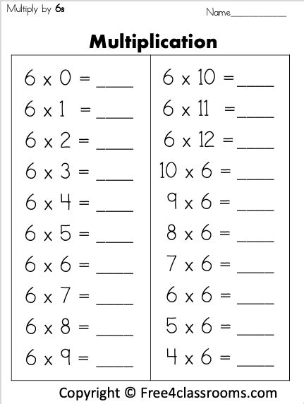 Image result for Multiplication 6 Worksheet Printable