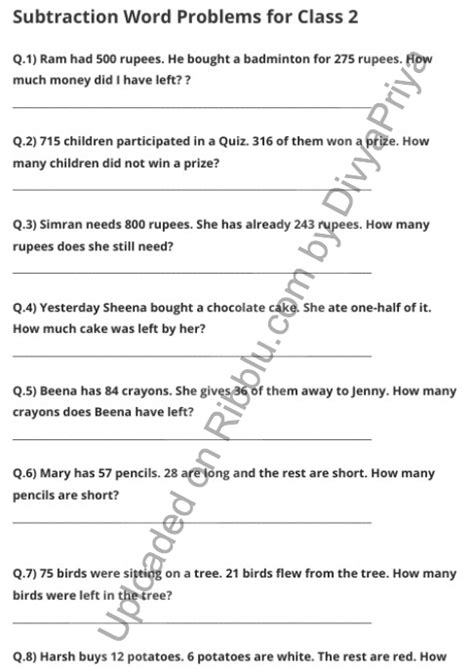 Image result for Subtraction Word Problems Worksheets Grade 2