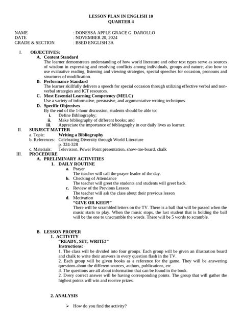 Image result for Sample of 4As Lesson Plan