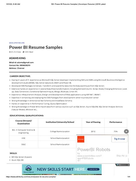Resume for Power Bi Developer with SQL Server Management Studio に対する画像結果