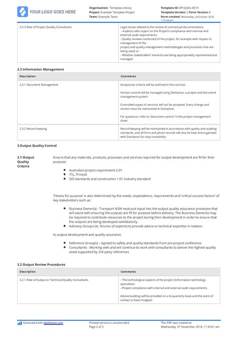 Image result for Project Quality Plan Template