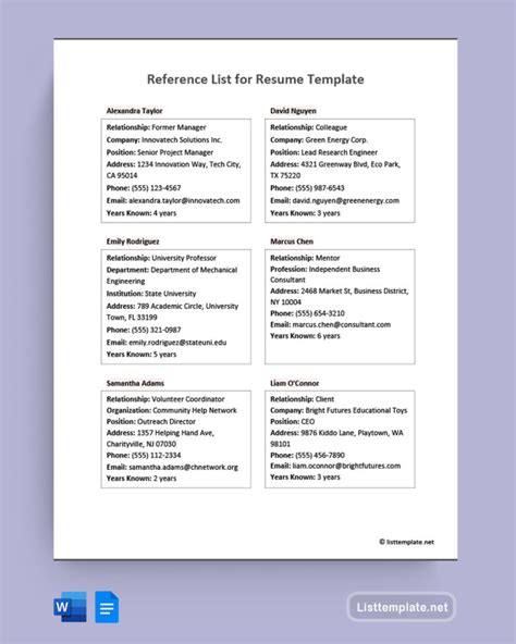 Image result for Work Reference List Template