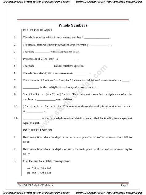 Afbeeldingsresultaten voor Class 6 Whole Numbers Properties Worksheet