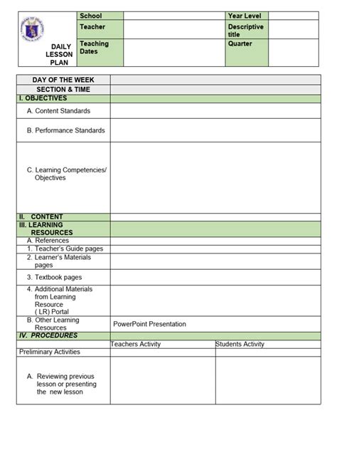 Daily Lesson Log Template DepEd に対する画像結果