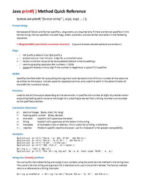 Toradh íomhá ar Printf Java Cheat Sheet