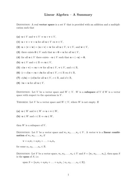 Image result for Linear Algebra Summary Sheet