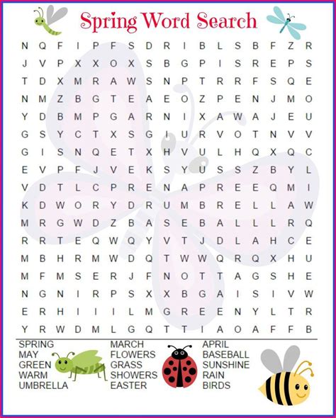 Toradh íomhá ar Spring Word Search Free Printable