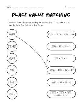 Toradh íomhá ar Place Value Matching Worksheet