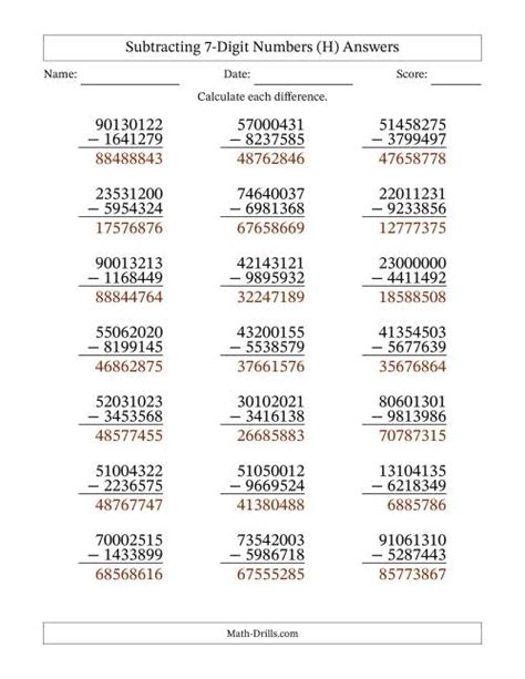 Image result for Math Subtraction 7 Digit