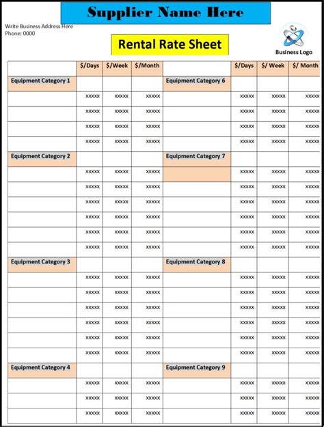 Image result for Excel Rate Chart Template