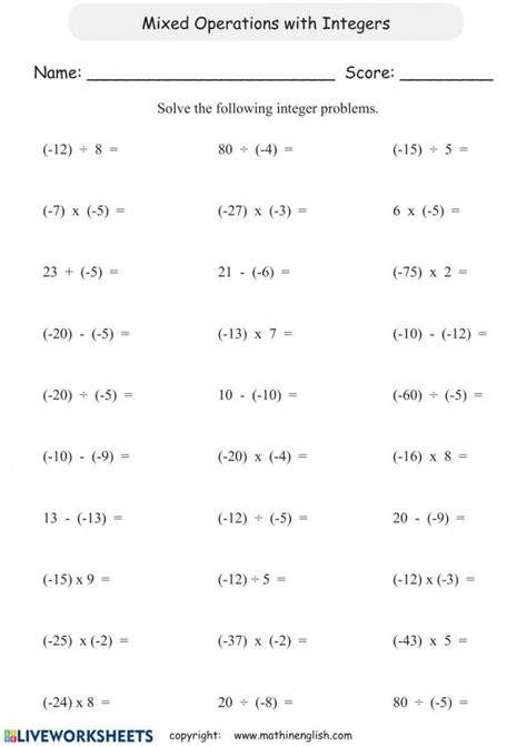 Toradh íomhá ar Negative Integers Operations Worksheet