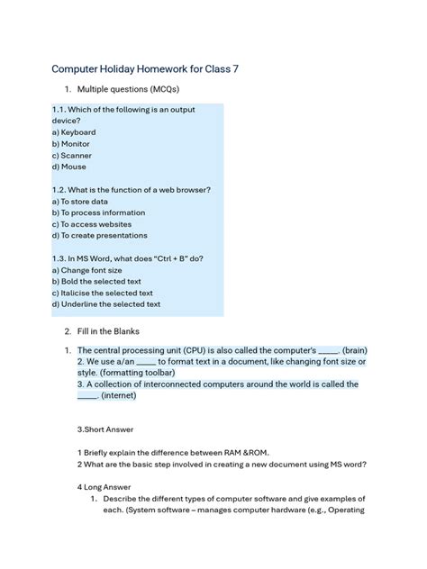 Image result for Holiday Homework of 7th Class Computer