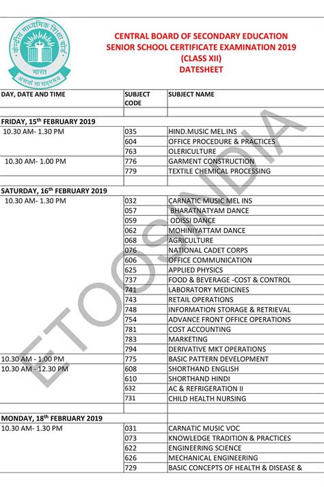 Image result for Class 12 Date Sheet