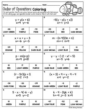 Toradh íomhá ar Order of Operations Color Sheet
