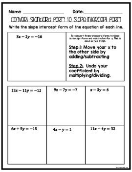 Image result for Convert Standard Form to Slope-Intercept Form Worksheet