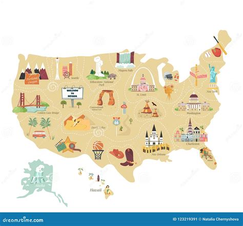 USA Tourist Vector Map with Famous Landmarks Stock Vector ...