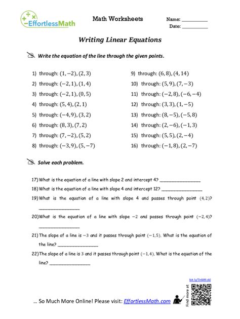 Image result for Writing Linear Equations Worksheet PDF