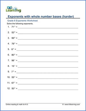 Exponents Worksheets Grade 6 に対する画像結果