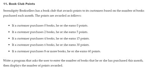 Toradh íomhá ar Starting Out with Python Chapter 3 Exercise 11 Book Club Points