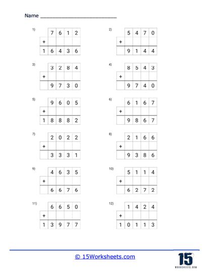 Image result for 4 Digit Addition Blank Worksheet