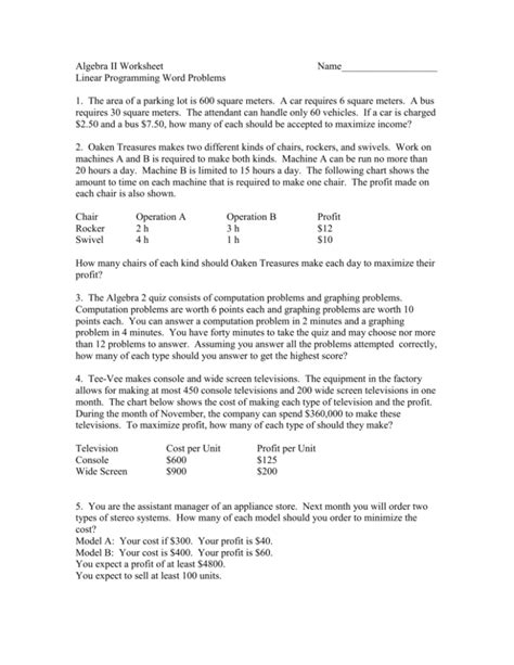 Afbeeldingsresultaten voor Linear Programming Word Problems Worksheet with Answer Key