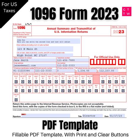 1096 IRS PDF Fillable Template 2023/2024 | With Print and Clear Buttons ...