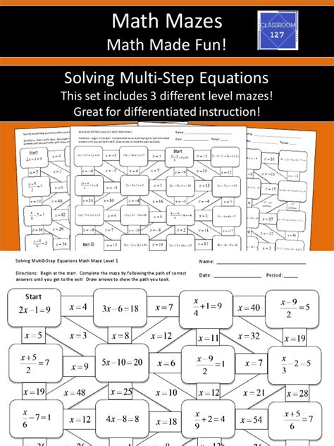 Multi-Step Equations Worksheet Maze に対する画像結果