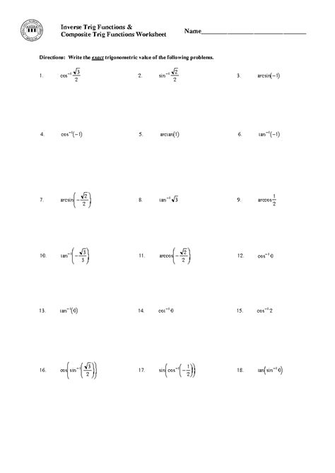 Image result for Inverse Trig Functions Worksheet.doc