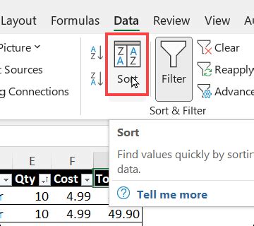 Toradh íomhá ar Sort Command Excel