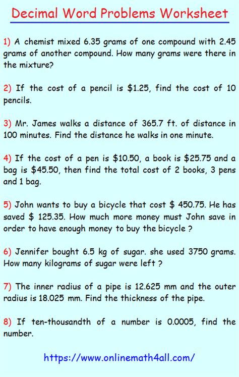 Toradh íomhá ar Decimal Word Problems Worksheet for Class 5