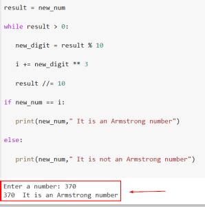 Toradh íomhá ar Armstrong Number If and While Python