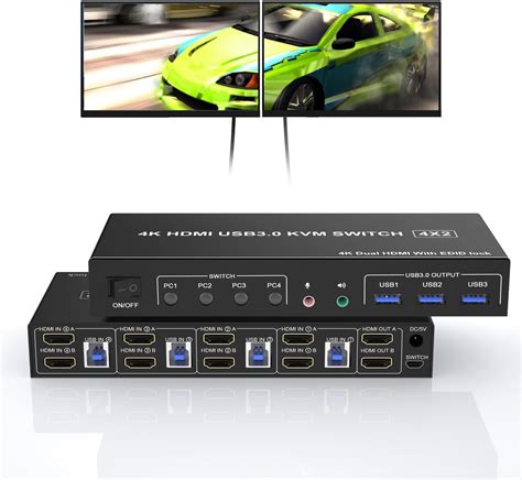 USB 3.0 KVM Switch 2 Monitors 4 Computers, Supports EDID, HDMI 4K 60Hz ...