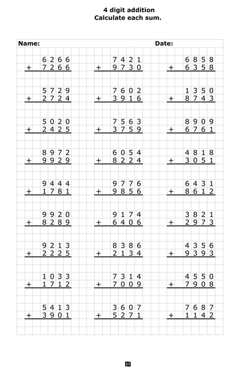 Toradh íomhá ar Adding 4 Digit Numbers Worksheet