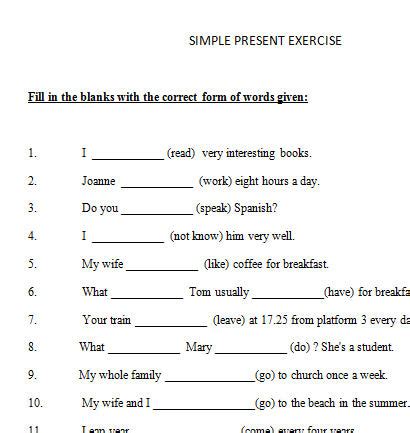 Toradh íomhá ar Present Simple Form Exercises