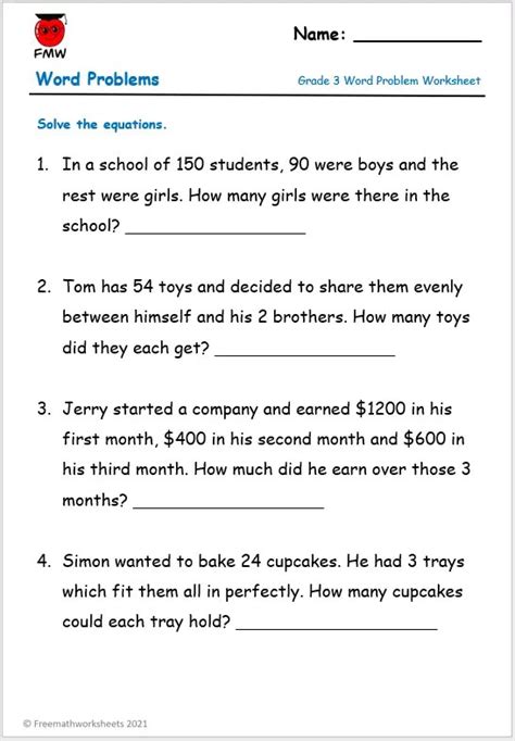Image result for Free Printable 3rd Grade Math Word Problems Worksheets
