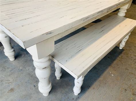 7ft Rustic Farmhouse Table and Bench with Turned Legs, White Distressed ...